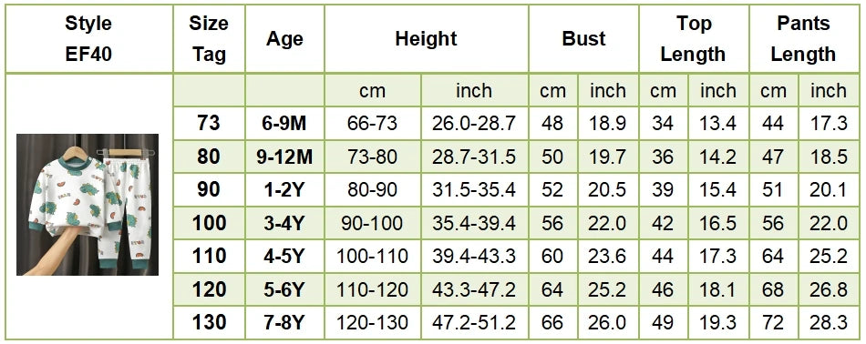 Spring Autumn Sleepwear Kids Comfort Cotton Pajamas Set Durable and Soft Unisex Cartoon Dinosaur for Boy Girl Children Clothes