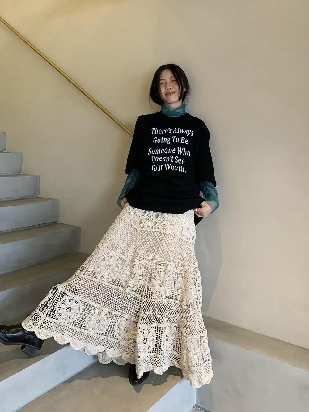 Retro Hollow Knitted Crochet Women's Solid Color Skirt 2025 Summer Fashion Lace Patchwork Female High Waisted Skirt