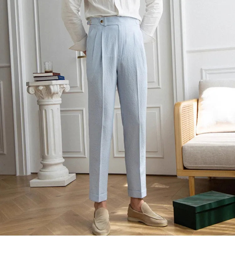 High-end Striped Men's Suit Pants Spring Summer Thin Italian Straight Casual Trousers Blue Paris Buckle Business Trousers