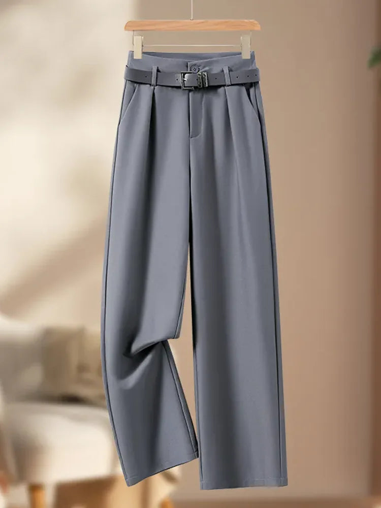Female Formal Straight Suit Pants Women Office High Waist Wide Leg Pantalones With Belt Spring Fall Korean Casual Loose Calca