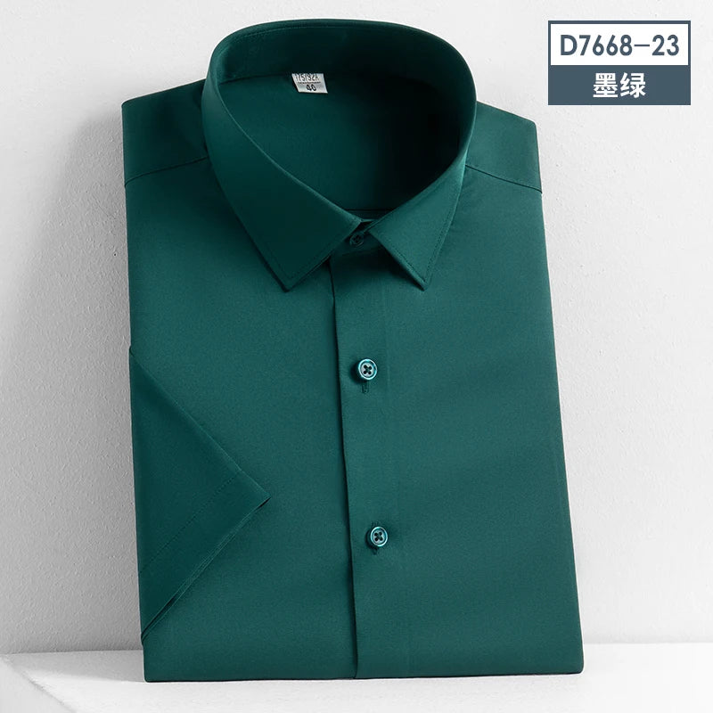 2023 Summer Short Sleeve High Density Silky Material Solid  Elastic Business Men Dress Shirts No Pocket Stretch Clothes