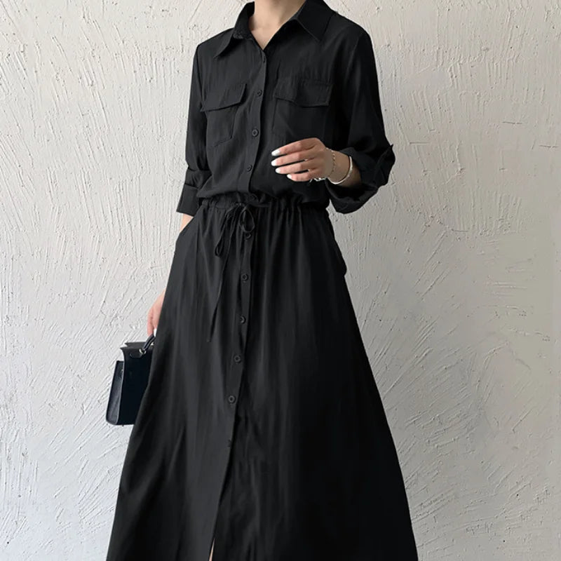 Matakawa Shirt Dresses for Women Solid Long Sleeve Japan Style Elegant Vestidos A-line Simple Fashion Casual  Dress Vintage