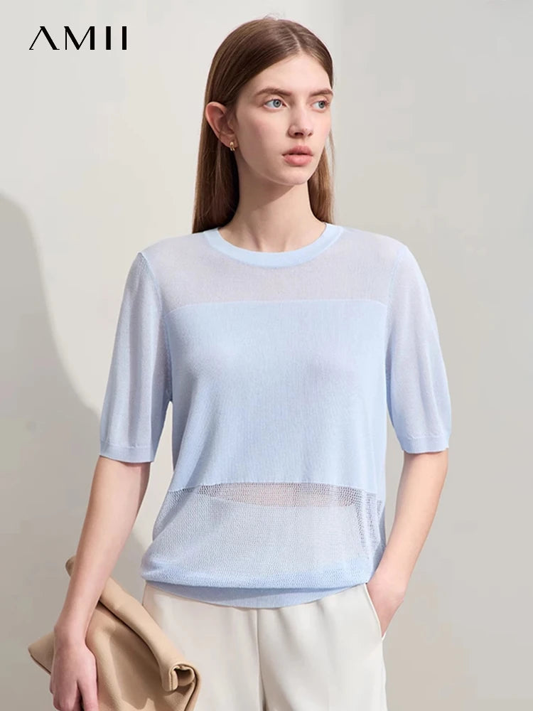 Amii Minimalism 2024 Knit Sweater Women Summer New Solid O-Neck Loose Short-sleeved Wool Casual Patchwork Chic Tops 12422028