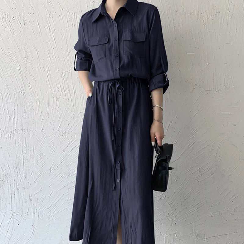 Matakawa Shirt Dresses for Women Solid Long Sleeve Japan Style Elegant Vestidos A-line Simple Fashion Casual  Dress Vintage