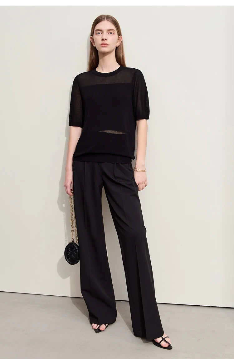Amii Minimalism 2024 Knit Sweater Women Summer New Solid O-Neck Loose Short-sleeved Wool Casual Patchwork Chic Tops 12422028