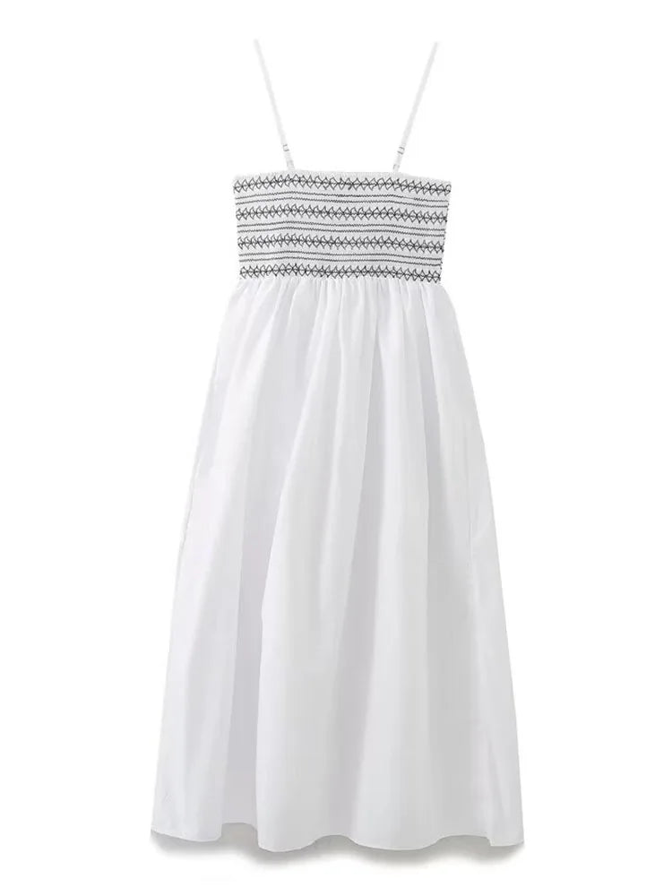 Neck Sleeveless Mid-Calf Party Dress Chest Elastic A-line Dress TRAF Elegant Summer Women Patchwork Strap Dress 2024 Sexy