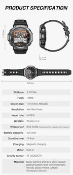 LIGE New 1.43 inch AMOLED Screen Smart Watch 525mAh Big Battery BT Call IPX8-5ATM Waterproof Sports Health Monitoring Smartwatch