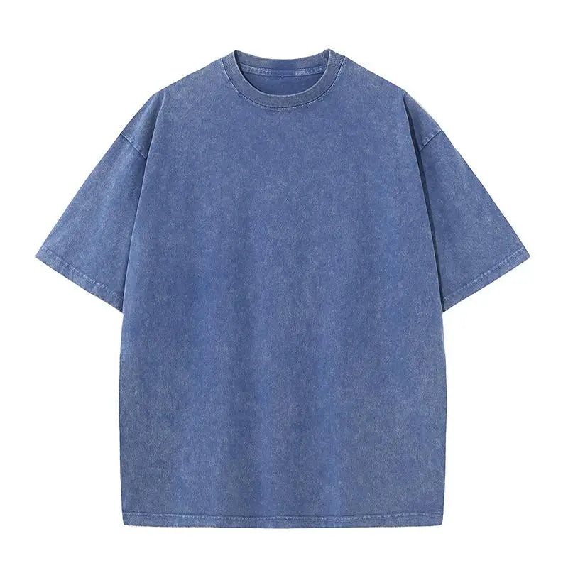2025 summer European code wash heavy short sleeve T-shirt for young men pure cotton solid color loose retro round neck half slee