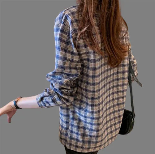 Vintage All-match Plaid Shirt for Female 2022 Spring Women's Clothing Korean Simple Turn-down Collarlong Sleeve Casual Blouses