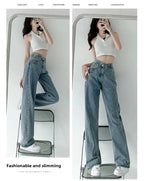 Design Sensibility High-Waisted Slimming Jeans Loose-Fit Straight-Leg Women's Korean Style Tie-Detail Wide-Leg Casual Trousers