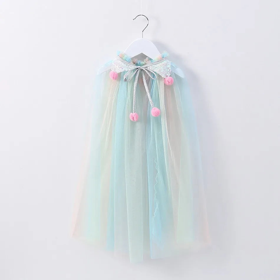 Summer Girl Princess Party Accessories Cloak Snow Queen Elsa Anna Costume Cape Rapunzel Aurora Sequins Tulle Halloween Mantle