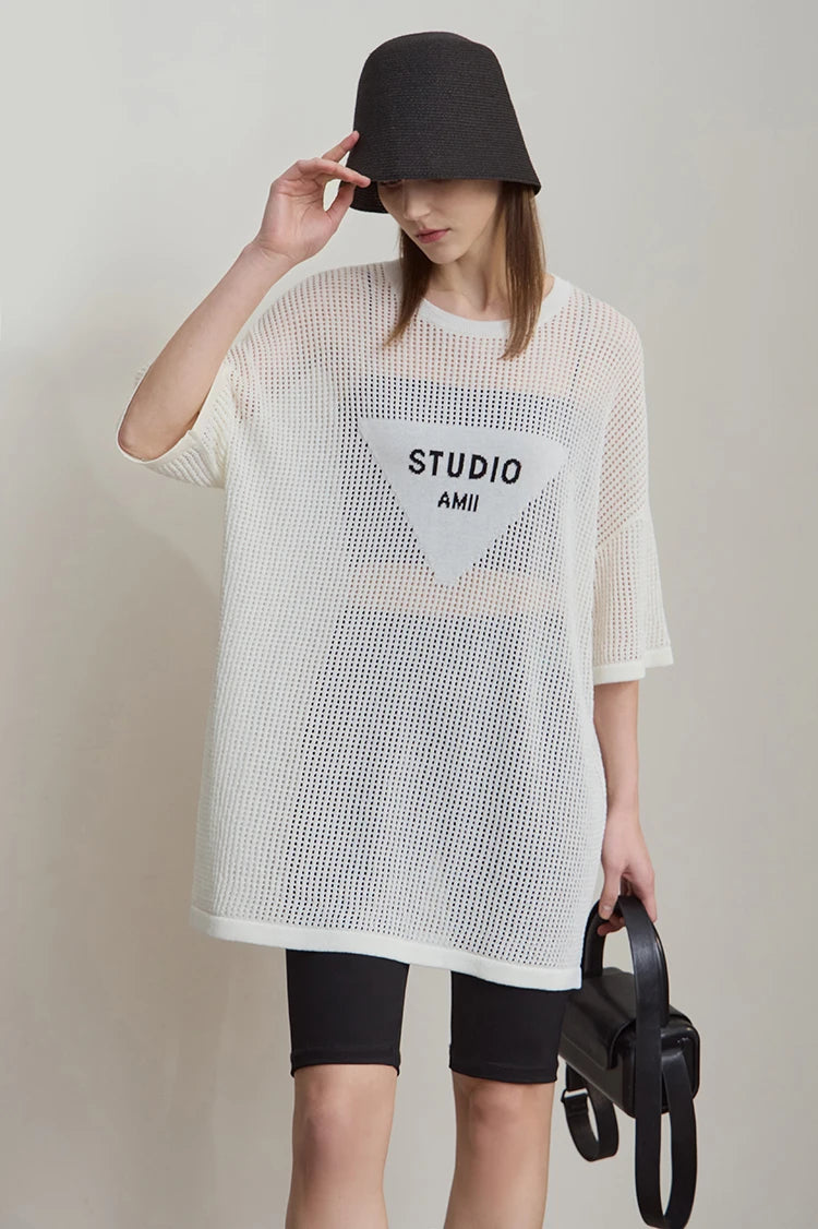 Amii Minimalist Women's Knitted Pullovers 2025 Summer Crew Neck Short-sleeved Casual Mid Long Loose Letter Jacquard Top 12542048