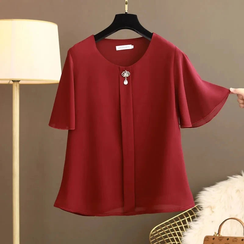 Women Blouse And Tops Summer Short Sleeve Chiffon T-shirt Middle Age Female Fashion Pullover Tshirts Shirts Large Size L-6XL