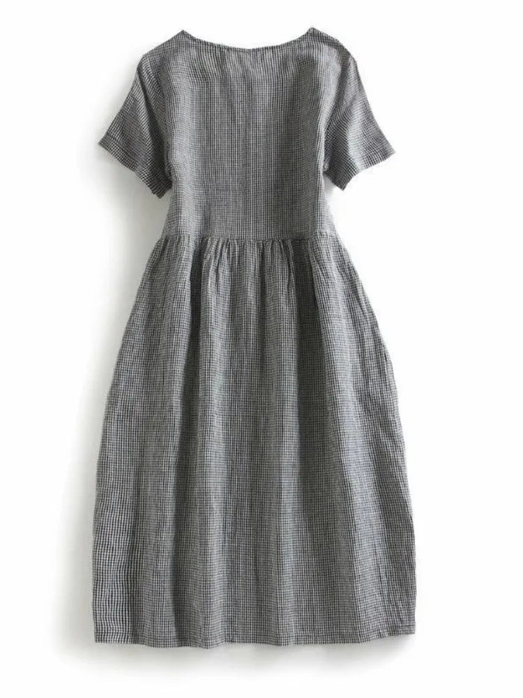 Vintage Plaid Cotton Dresses for Women 2025 New Summer Classical Ladies Midi Dress Elegant Literary Casual Loose Daily Dresses