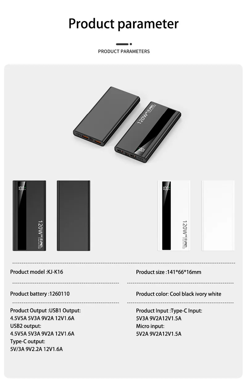 120W 50000mAh Power Bank High Capacity Digital Display Fast Charging Powerbank Portable Battery Charger Type C For iPhone