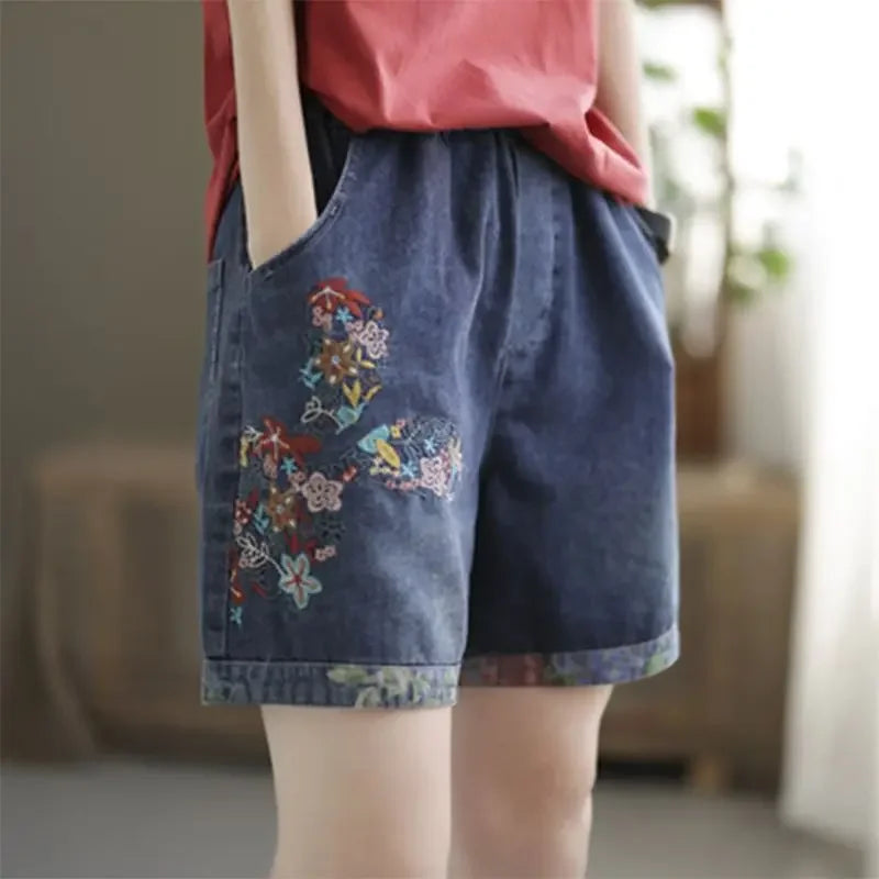 Vintage Jeans Shorts Women Summer Floral Embroidery Elastic High Waist Denim Shorts Design Wide Leg Trousers Blue Black Shorts