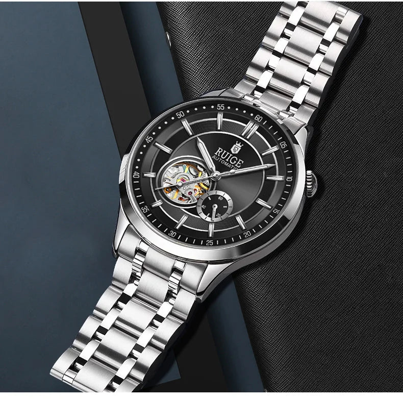 RUIGE High Quality Hollow Mechanical Movement Men's Watch Stainless Steel Fashion Men's Night Light Waterproof Watch