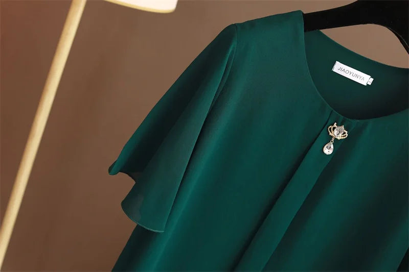 Women Blouse And Tops Summer Short Sleeve Chiffon T-shirt Middle Age Female Fashion Pullover Tshirts Shirts Large Size L-6XL