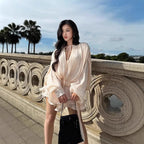 Pleated Mini Dress Women New Fashion Puff Sleeve Elegant V-neck High Waist Evening Party Dresses Lady Holiday Beach Vestidos