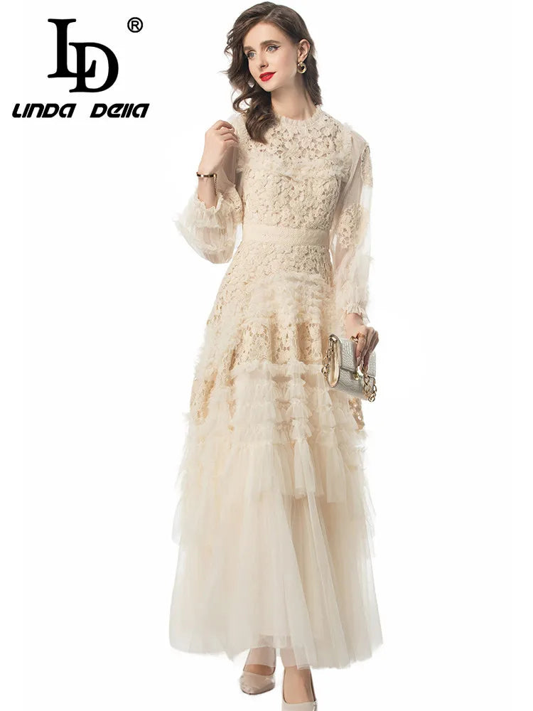 LD LINDA DELLA Fashion Designer Summer Dress Women's Vintage Solid Color Temperament Net Yarn Embroidery Cascading Ruffle Dress