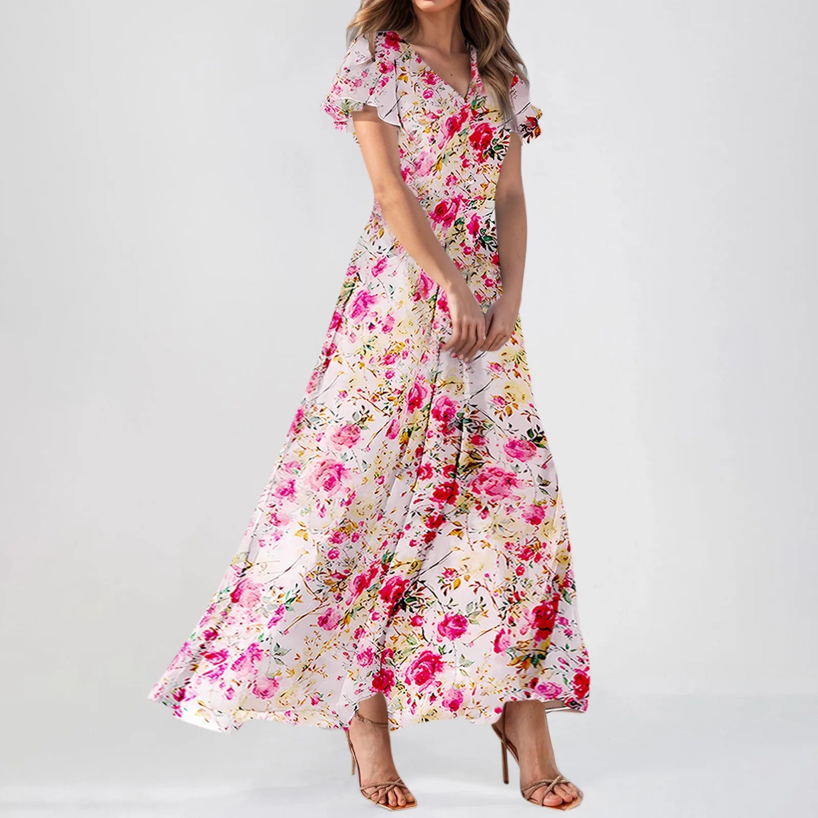 Women V-neck Ruffle Short Sleeve Maxi Dress Waist Tight High-waist Hem Sweet Floral Print Elegant Dress Female Clothing Vestidos