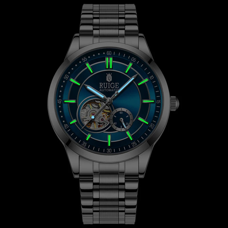 RUIGE High Quality Hollow Mechanical Movement Men's Watch Stainless Steel Fashion Men's Night Light Waterproof Watch