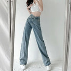 Design Sensibility High-Waisted Slimming Jeans Loose-Fit Straight-Leg Women's Korean Style Tie-Detail Wide-Leg Casual Trousers