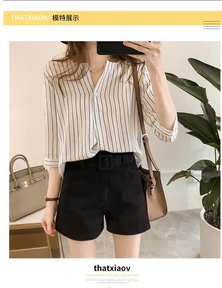 Office Lady Women's Clothing Fashion Casual Striped Loose Three Quarter Sleeve Summer Thin Simplicity Round Neck Button Blouses