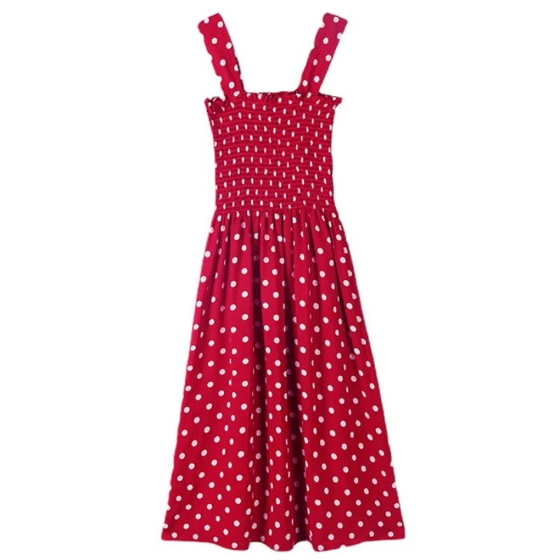 Women Summer Sleeveless Dot Dress Sexy Backless A-Line Spaghetti Strap Beach Style Dresses Camisole Off-Shoulder Folds Vestidos