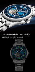 RUIGE High Quality Hollow Mechanical Movement Men's Watch Stainless Steel Fashion Men's Night Light Waterproof Watch