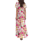 Women V-neck Ruffle Short Sleeve Maxi Dress Waist Tight High-waist Hem Sweet Floral Print Elegant Dress Female Clothing Vestidos
