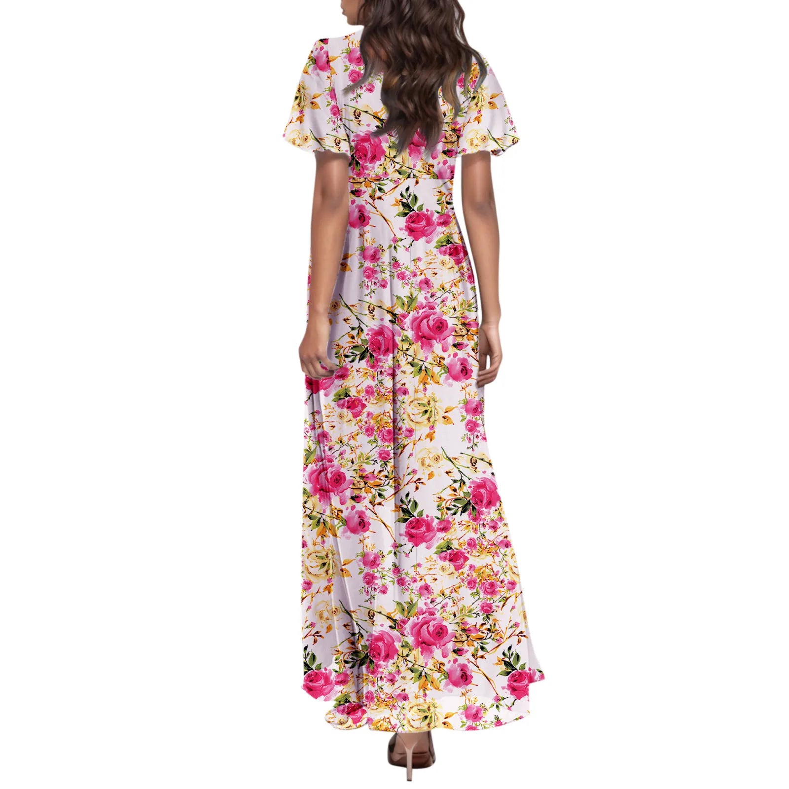 Women V-neck Ruffle Short Sleeve Maxi Dress Waist Tight High-waist Hem Sweet Floral Print Elegant Dress Female Clothing Vestidos