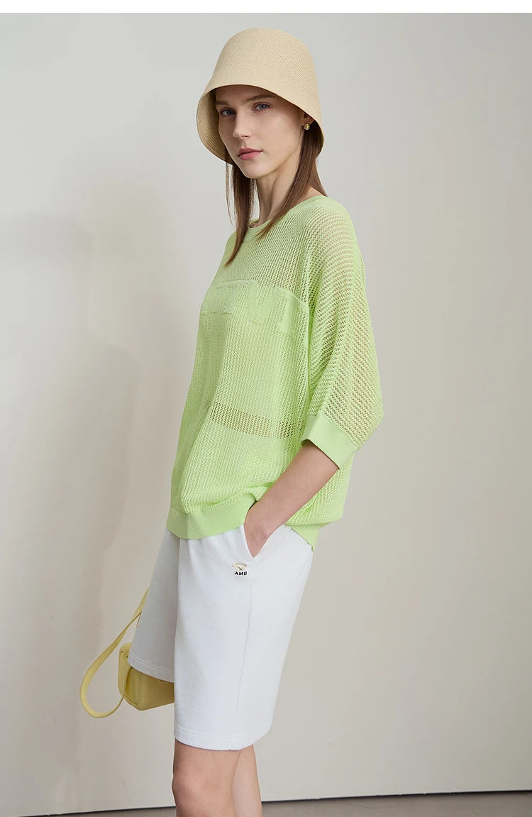 Amii Minimalist Women's Hollowed-out Knitted Pullover 2025 Summer New Half-sleeve Crew Neck Loose Blouse Thin Solid Top 12542139