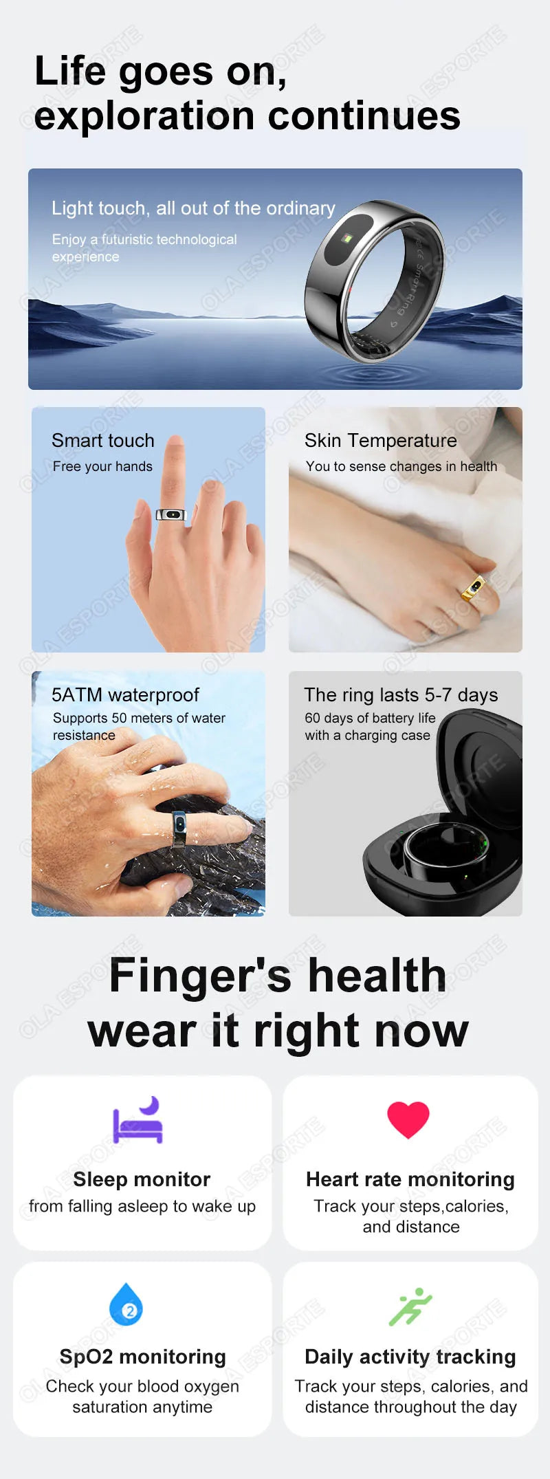 For Xiaomi Smart Ring Bluetooth Health Monitor Heart Rate Blood Oxygen Sleep Temperature Gesture Control Waterproof Sport Rings
