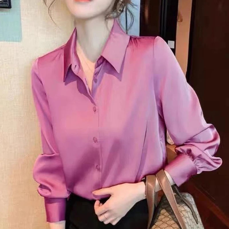 Comfortable Turn-down Collar All Seasons Women's Clothing 2023 Chiffon Trend All-match Korean Solid Color Long Sleeved Blouses