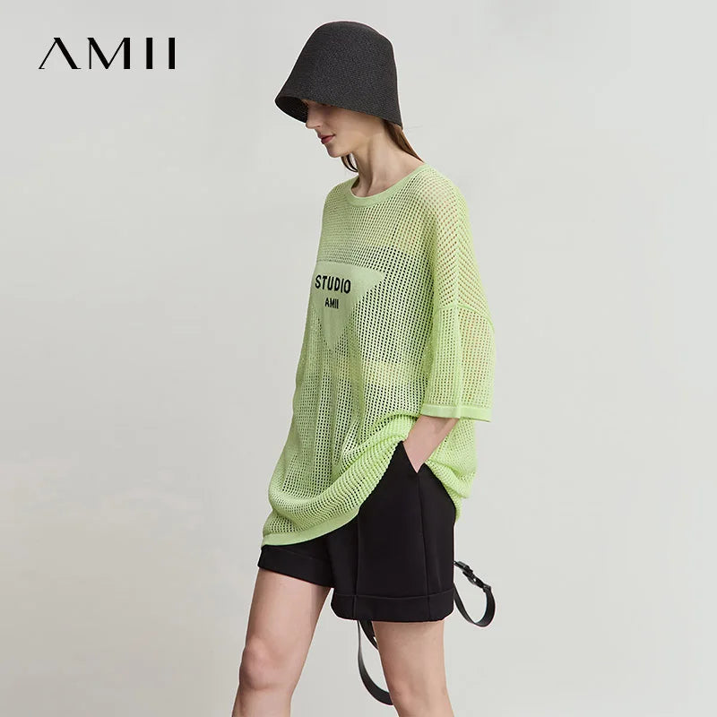 Amii Minimalist Women's Knitted Pullovers 2025 Summer Crew Neck Short-sleeved Casual Mid Long Loose Letter Jacquard Top 12542048