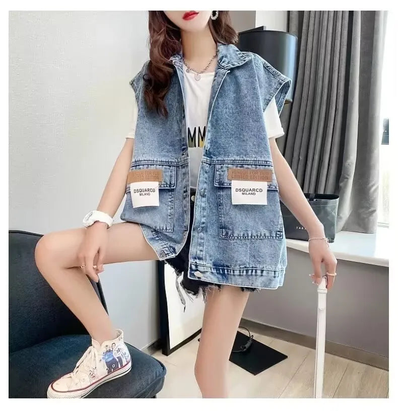 New Women's Denim Vest 2025 Fashion Female Spring Autumn Jeans Jacket Sleeveless Loose Short Coat Summer Streetwear Denim Vest