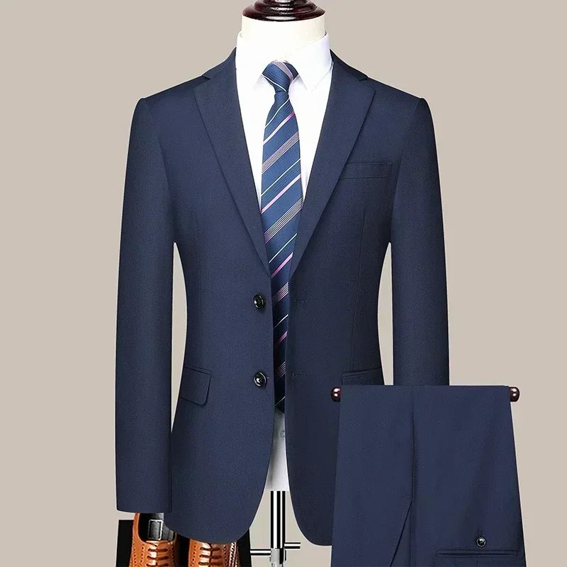 S-8XL New  (Blazer+ Pants) Men's Fashion Business Gentleman Trend Slim-fit Casual Wedding Travel Plus-size Solid Color Suit