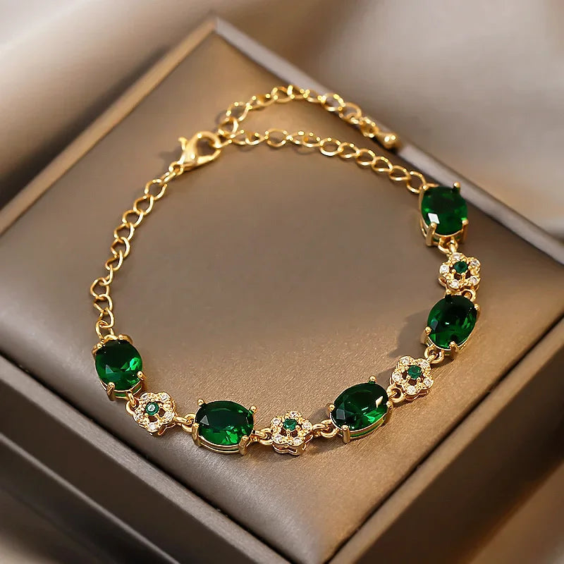 Elegant Green Rhinestone Crystal Bracelet Gold Color Link Chain Bracelets For Women Vintage Party Wedding Bridal Jewelry Gifts