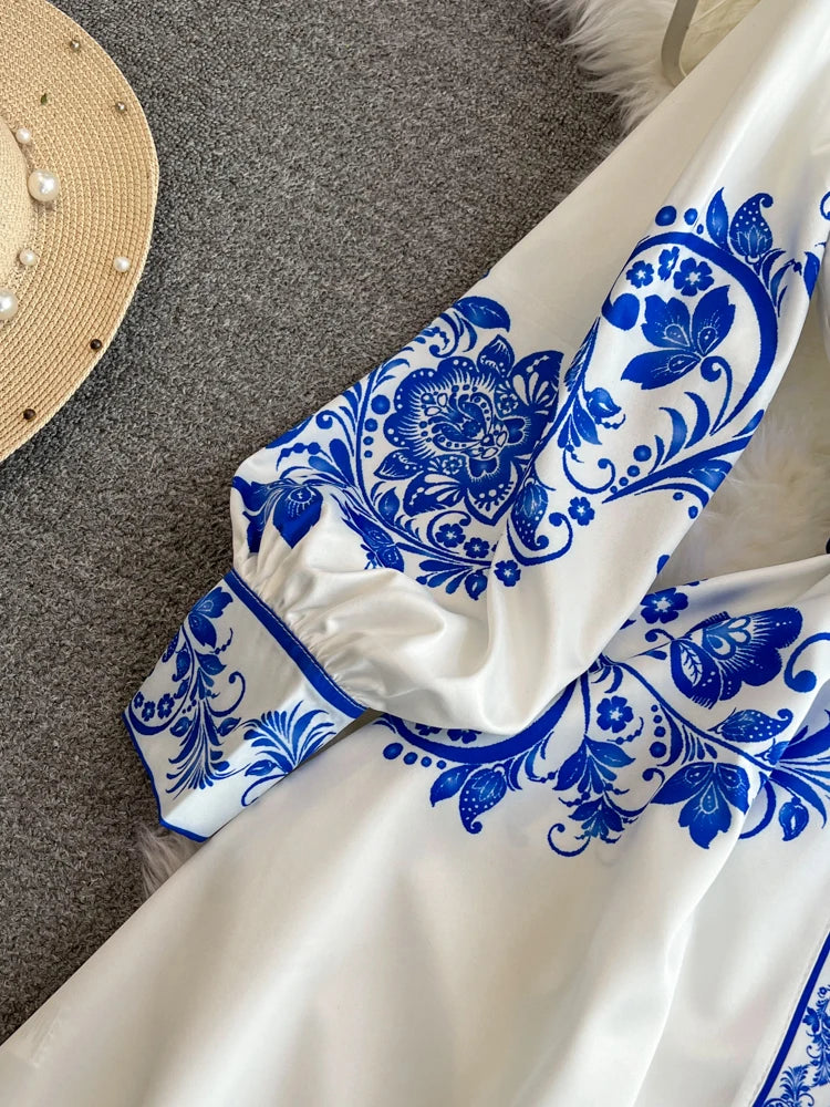 Spring Maxi Belt Dresses for Women Chic Vintage Printing Robe Femme Stand Neck Tunic Lantern Sleeve Dress 2024 Vestidos De Mujer