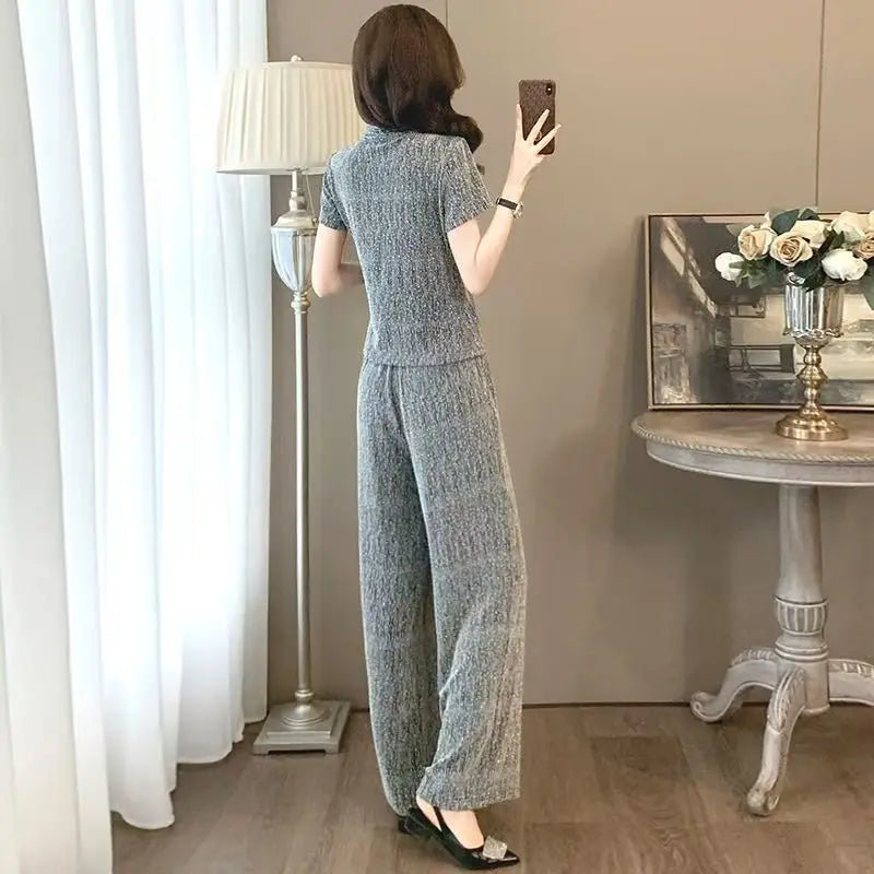 Fashion suit women's summer new style high-end feeling new Chinese style short sleeved top+casual wide leg pants two-piece set