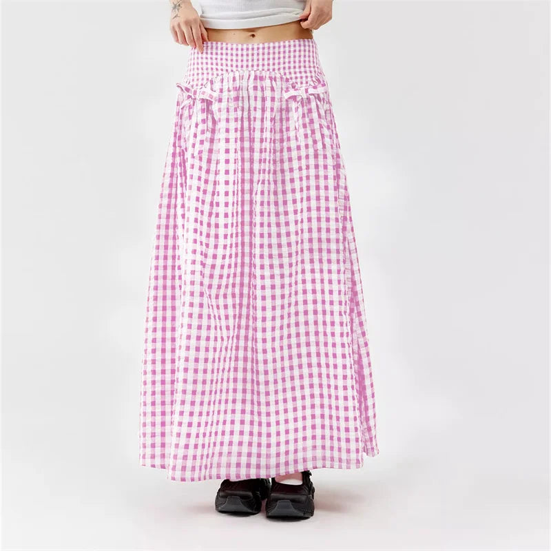 Women Y2K Bow Plaid Maxi Skirt High Waist Gingham Tiered Long Skirt Vintage A-Line Ruffle Flowy Midi Skirt Party Clubwear
