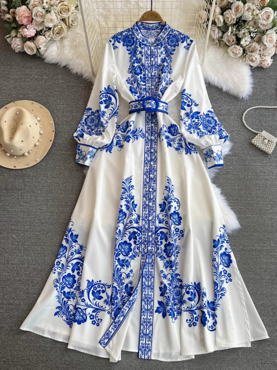 Spring Maxi Belt Dresses for Women Chic Vintage Printing Robe Femme Stand Neck Tunic Lantern Sleeve Dress 2024 Vestidos De Mujer