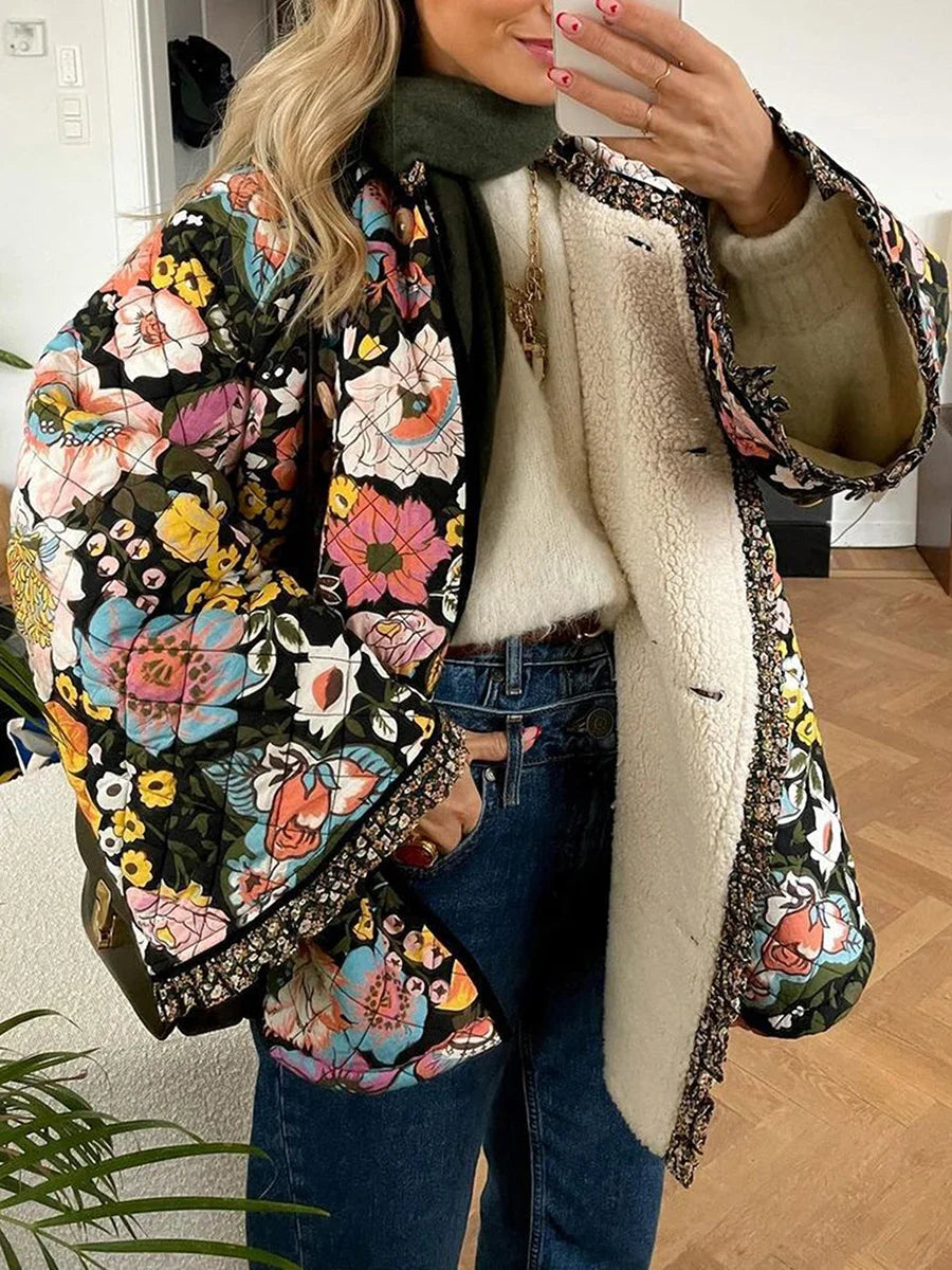 Women Fall Winter Loose Quilted Jacket Floral Print Button Down Long Sleeve Padded Coat Warm Outwear