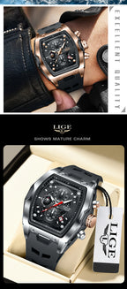 LIGE Quartz Mens Watches Fashion Business Military Wrist Watch For Men Silicone Sport Waterproof Chronograph Square Watch Men