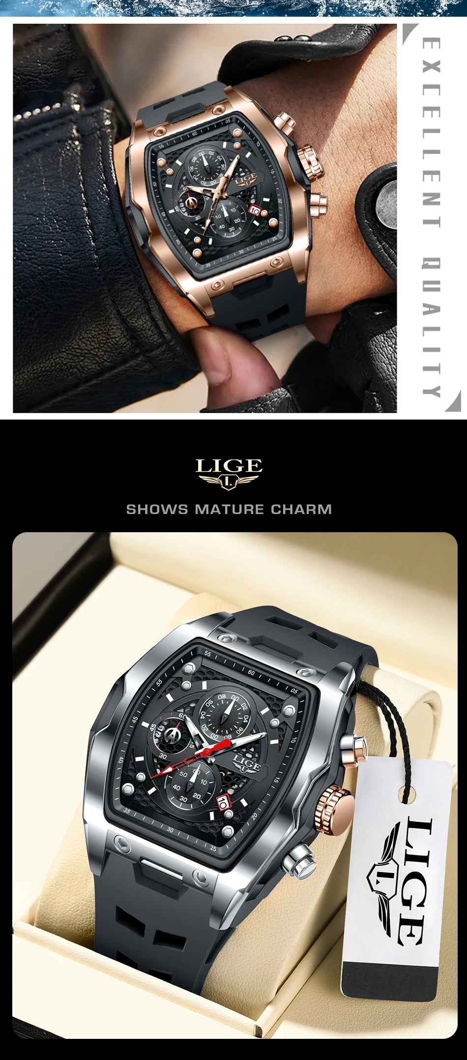 LIGE Quartz Mens Watches Fashion Business Military Wrist Watch For Men Silicone Sport Waterproof Chronograph Square Watch Men
