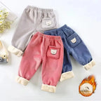 Autumn/winter Children's Fleece-lined Corduroy Pants Stylish Embroidery Casual Warm Trousers For Boys Girls