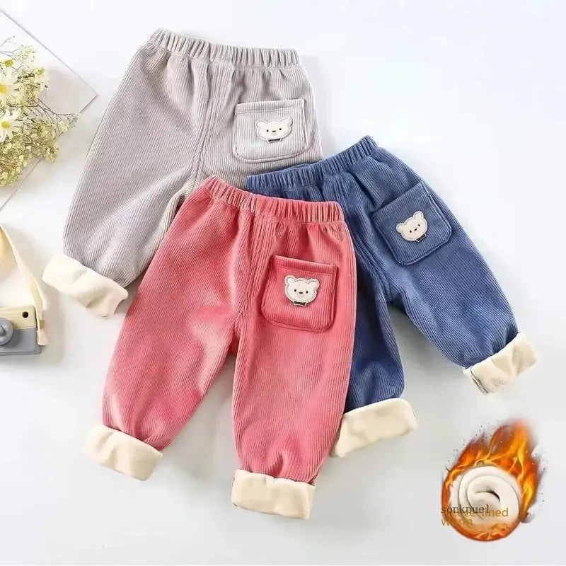 Autumn/winter Children's Fleece-lined Corduroy Pants Stylish Embroidery Casual Warm Trousers For Boys Girls