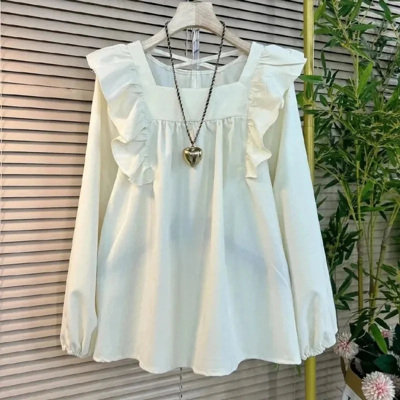 Summer Casual V-neck Back Cross Strap Fly Sleeve Elastic Shoulder Loose Fit Small Shirt Versatile Simple Top for Plump Sister