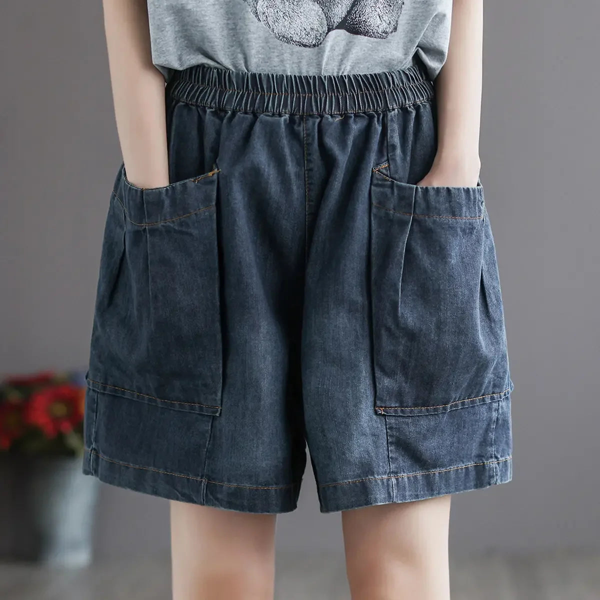 Vintage Jeans Shorts Women Summer Floral Embroidery Elastic High Waist Denim Shorts Design Wide Leg Trousers Blue Black Shorts